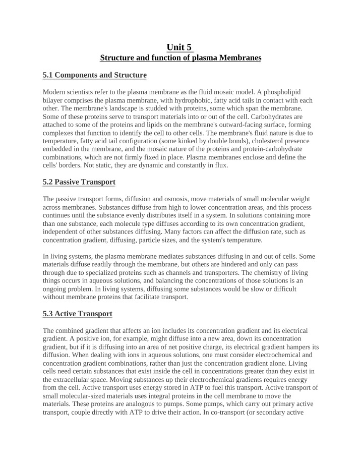 Plasma Membranes - Unit 5 Structure and Function