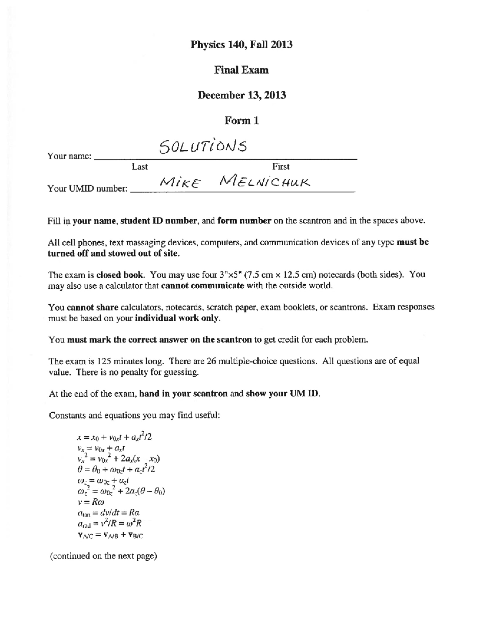 Fall 2013 Final Exam Solutions