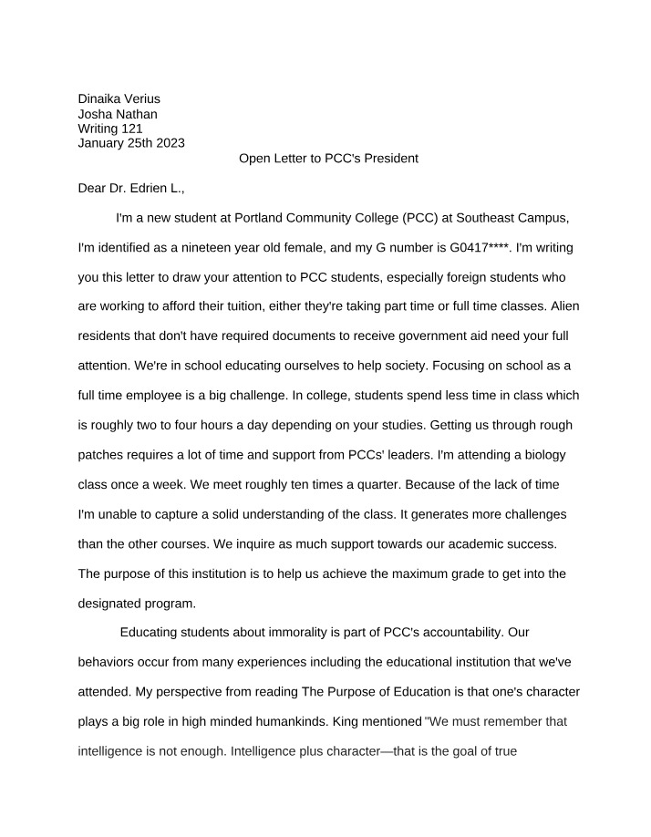 Open Letter to the President of PCC
