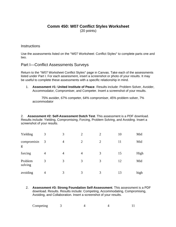 Conflict Styles Worksheet - Week 7