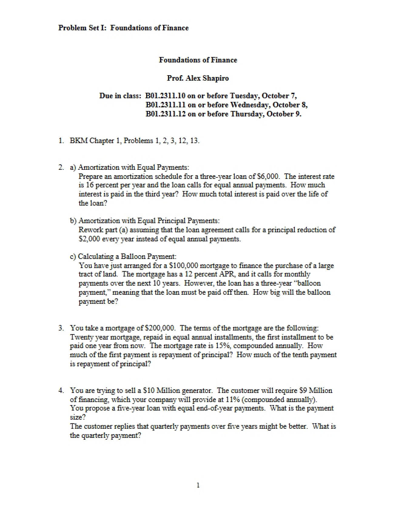 Foundations of Finance Problem Set I