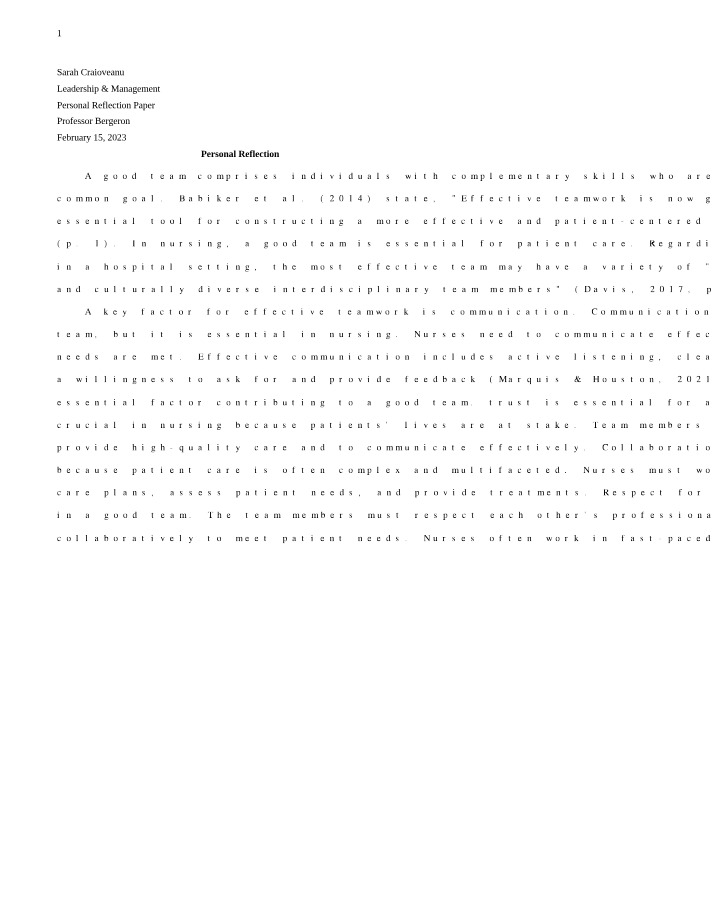 Personal Reflection for Nursing Research
