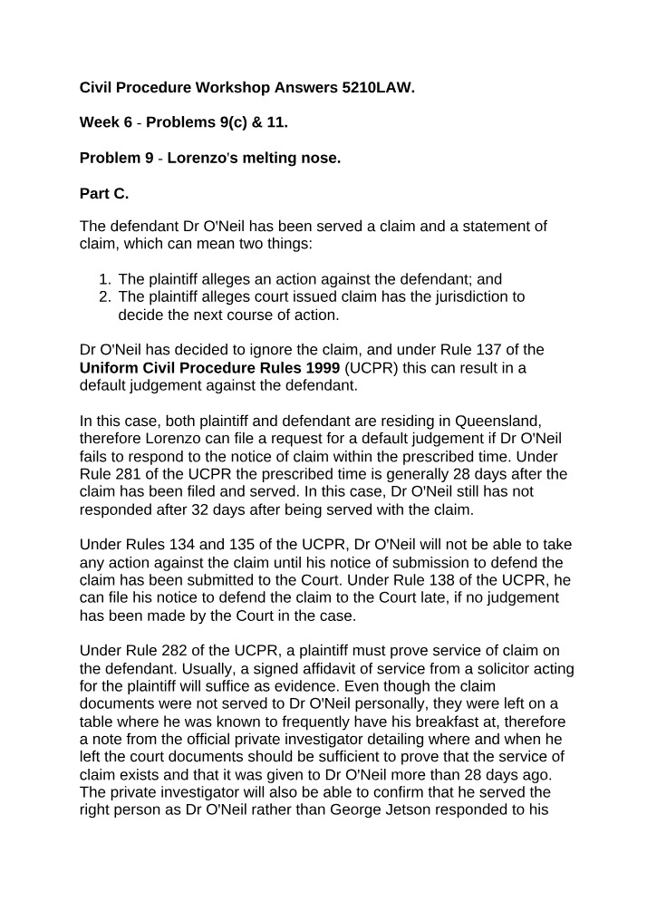 Civil Procedure 5210LAW - Workshop Answers