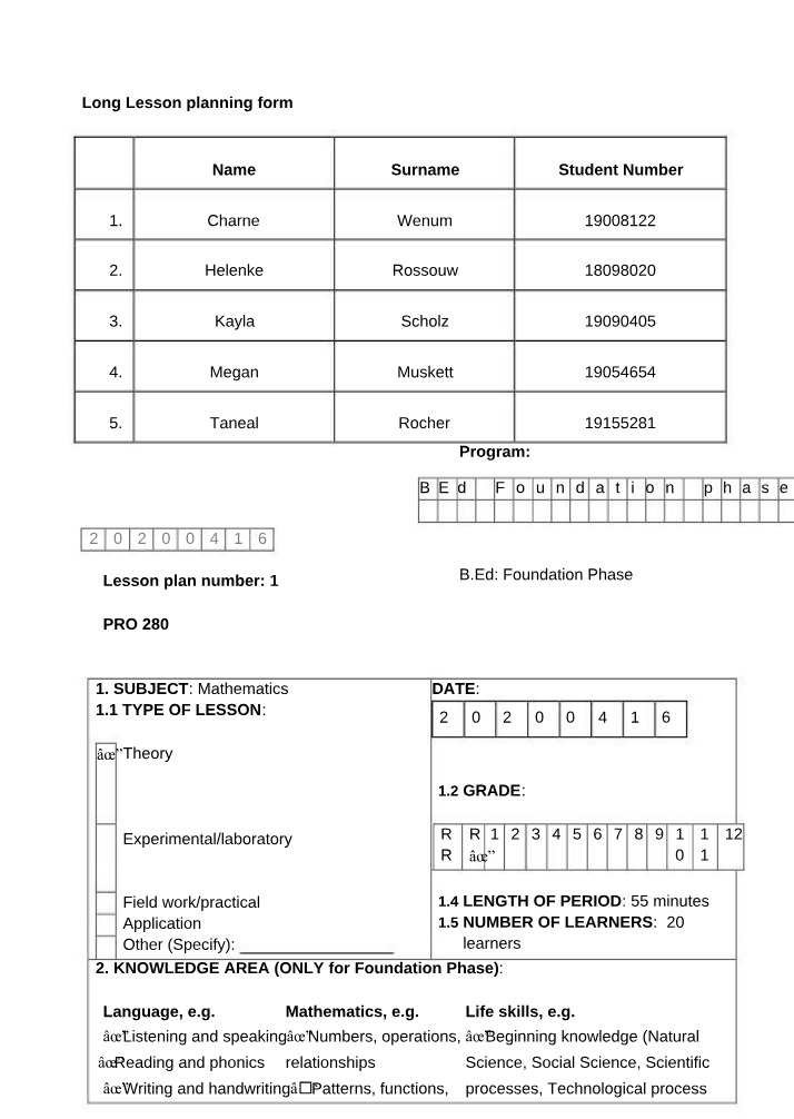 Mathematics Lesson Planning Form