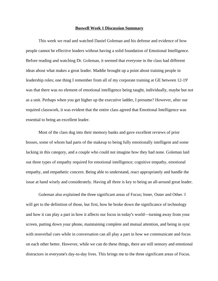 Summary of Emotional Intelligence Discussion in Effective Leadership