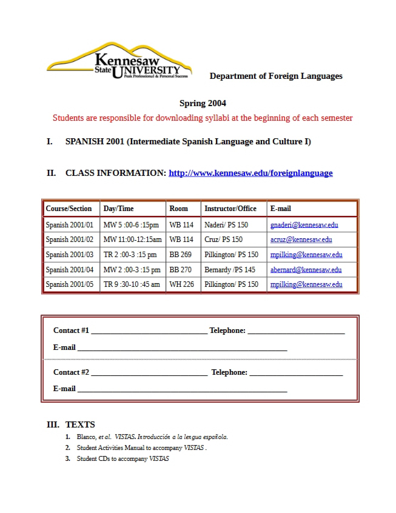 Intermediate Spanish I Course Plan