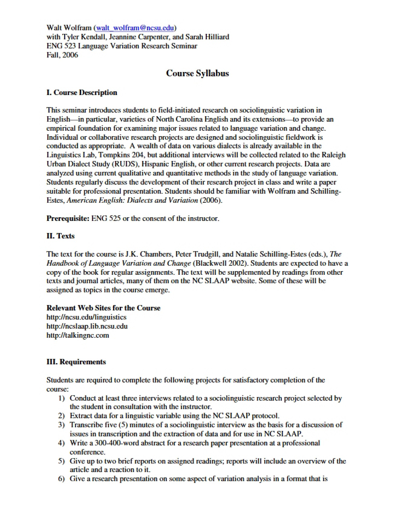 Language Variation Seminar Syllabus