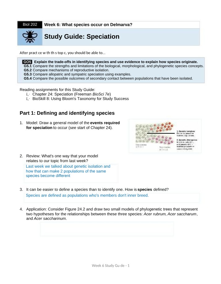 Week 6 Study Guide on Speciation