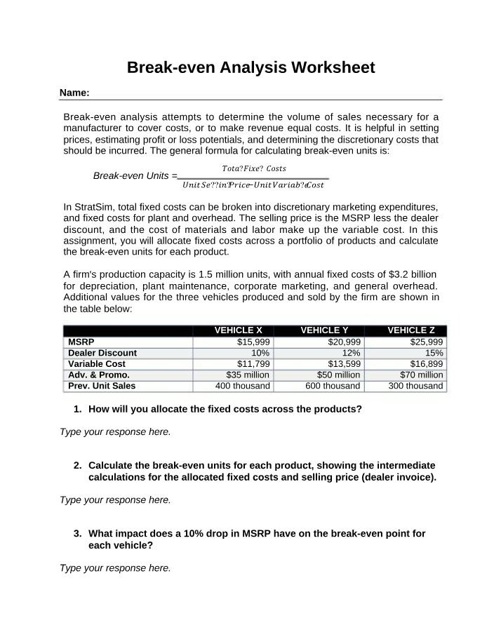 Worksheet for Break-even Analysis