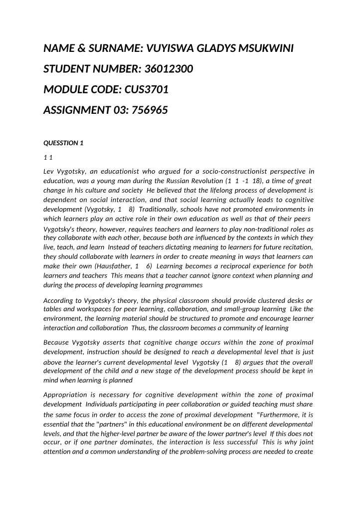 Assignment 03 - Vygotsky's Social Learning and Cognitive Development Theory