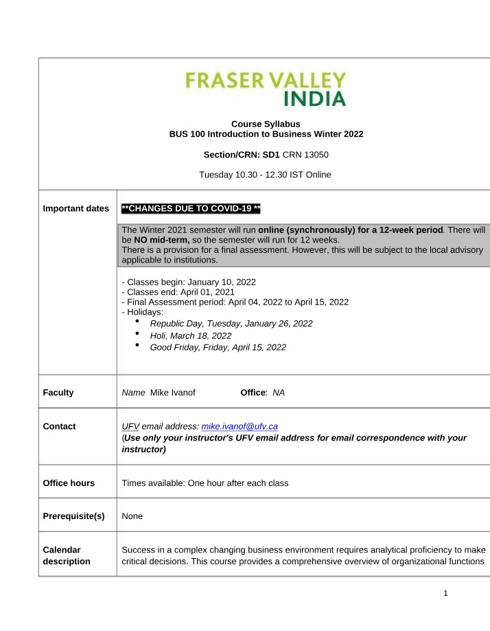 BUS 100 Introduction to Business Winter 2022 Syllabus Copy A