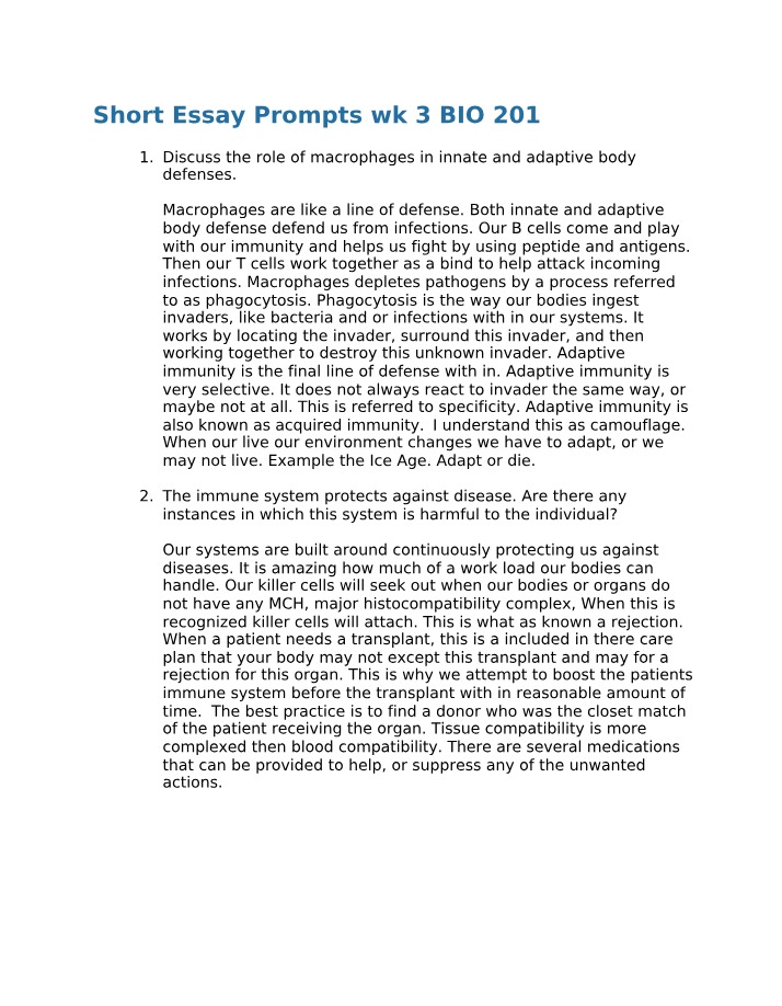 BIO 201 - Week 3 Short Essay Prompts