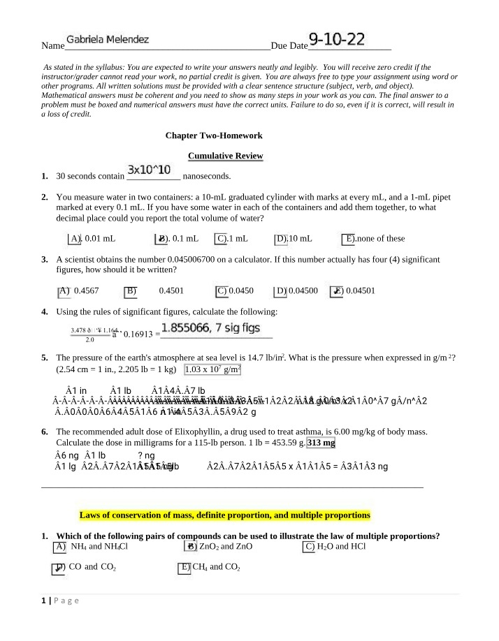 Homework for Chapter Two