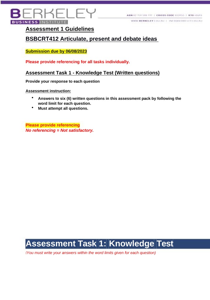 Assessment 1 Guidelines for BSBCRT412