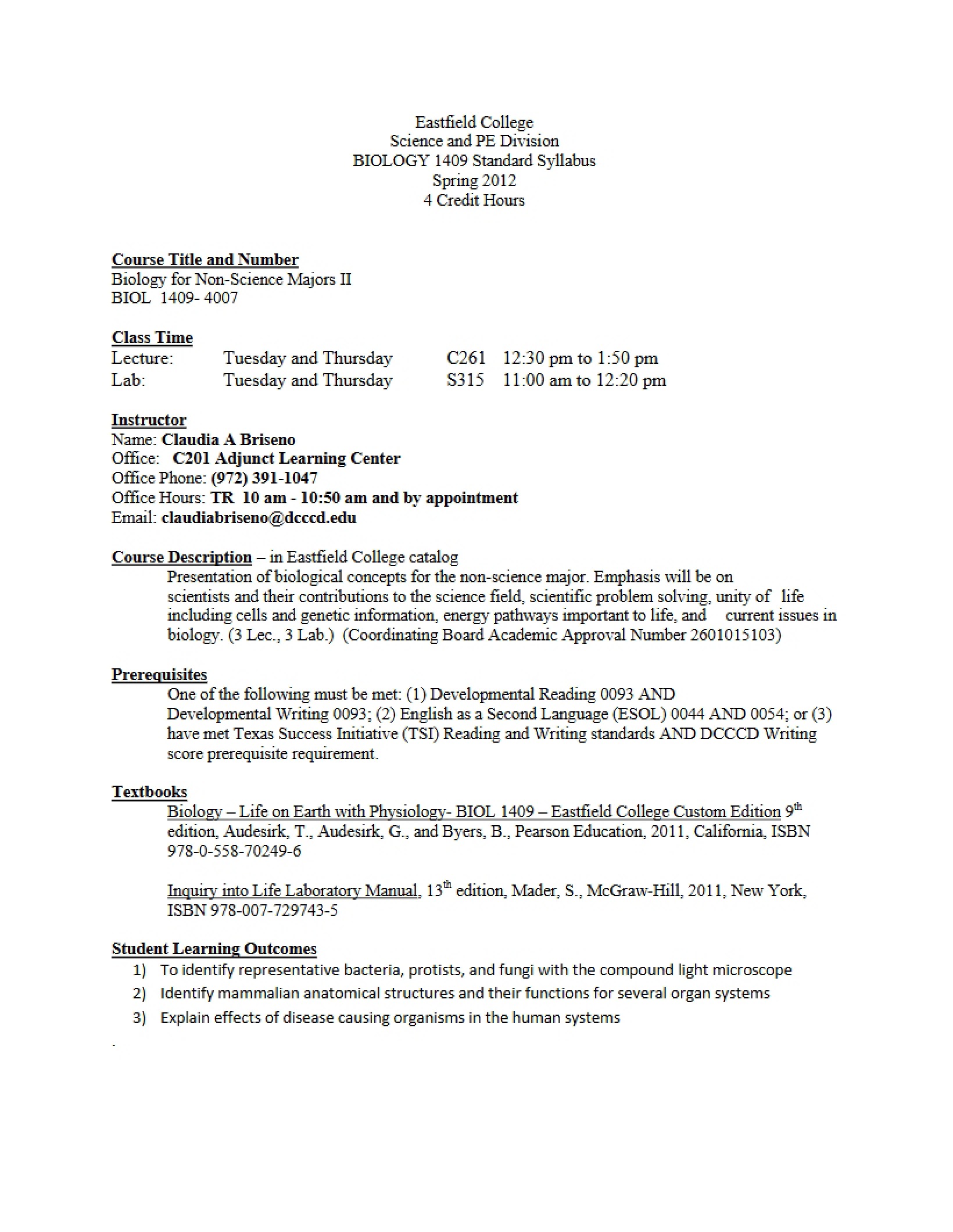 Biology for Non-Science Majors II Syllabus