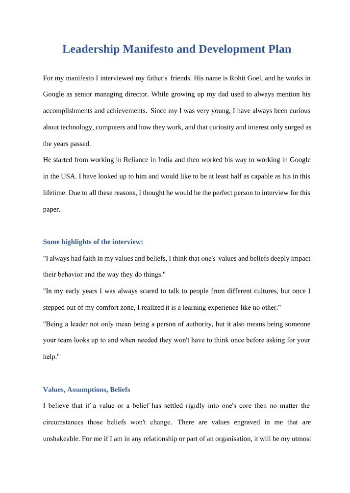 Development Plan and Leadership Manifesto - Tanisha Mittal