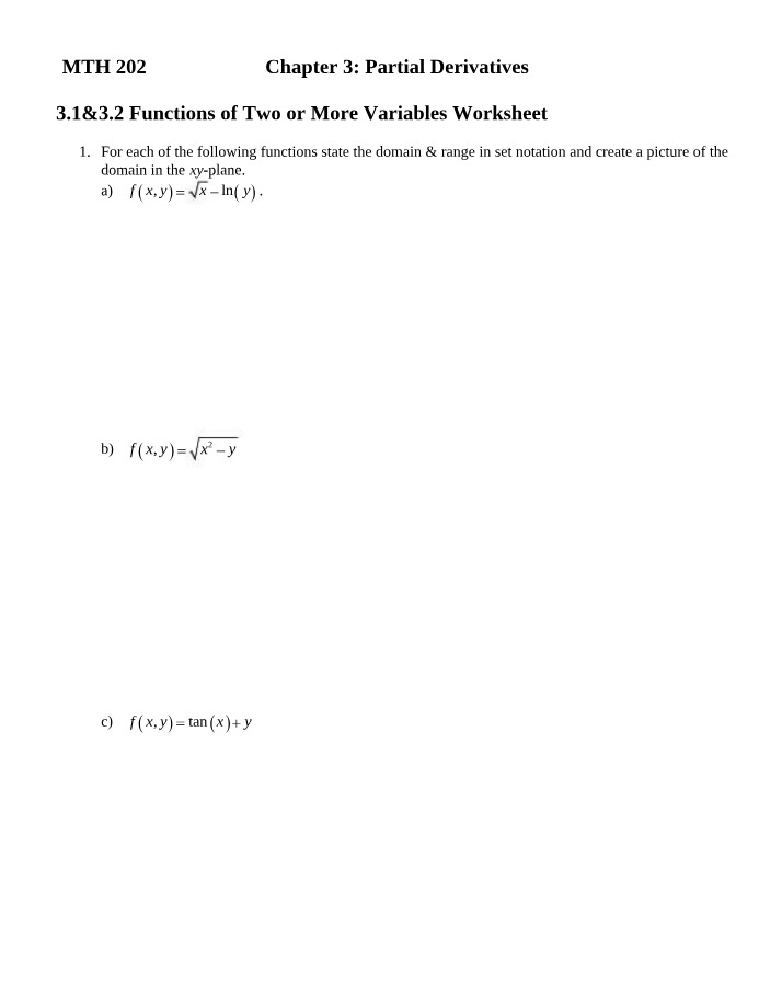 Functions of Two or More Variables Worksheet