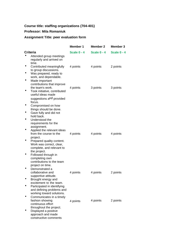 HRPD704 - Peer Evaluation Form