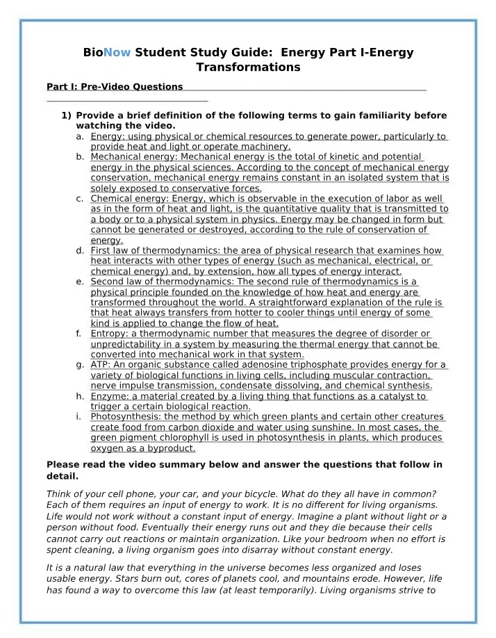 Study Guide for Energy Transformations