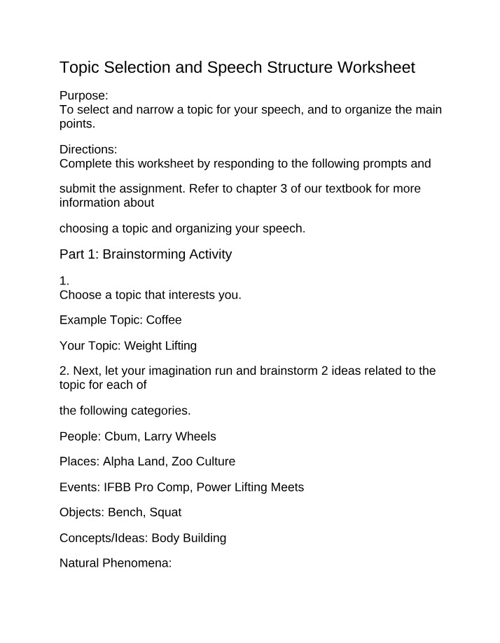 Worksheet for Topic Selection and Speech Structure