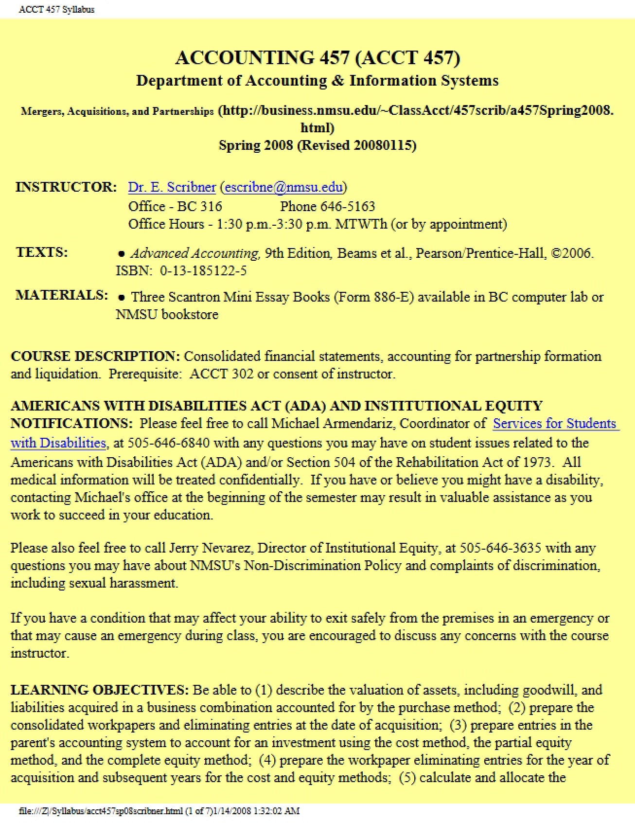 Mergers, Acquisitions, and Partnerships Syllabus from Spring 2008 by Dr. E. Scribner
