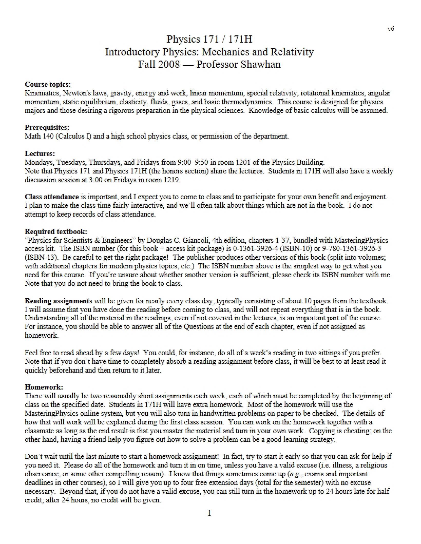 General Syllabus - Introductory Physics- Mechanics and Relativity