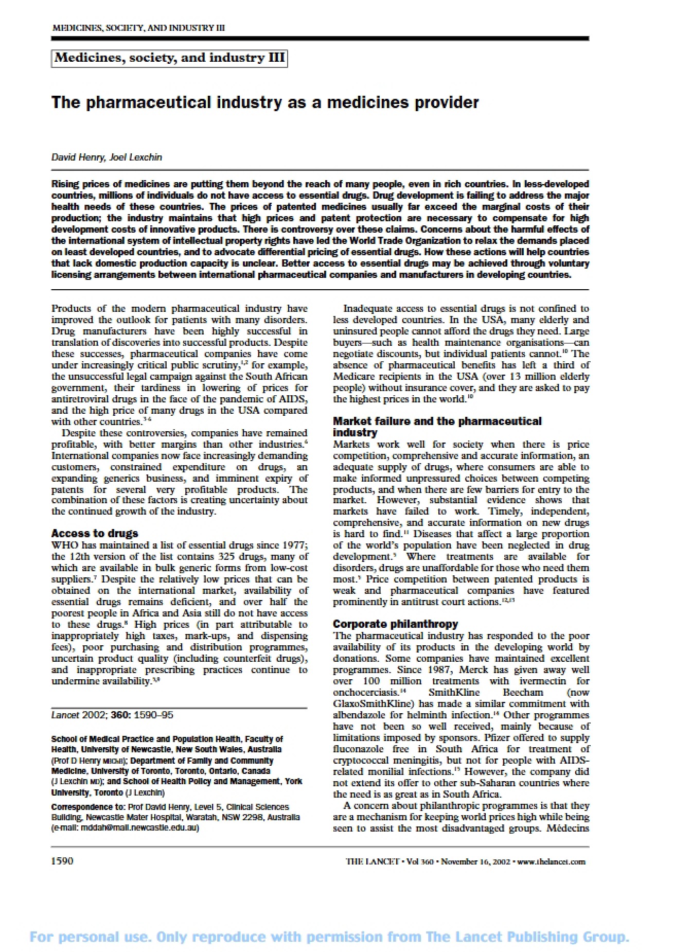 Pharmaceutical Industry as a Provider of Medicines