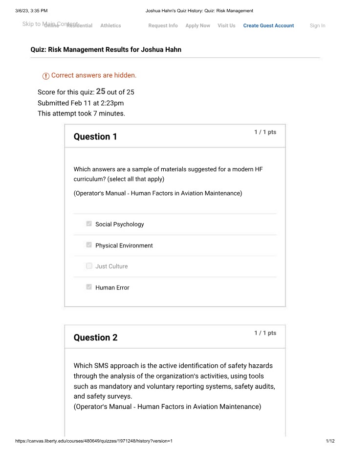 Risk Management Quiz Results