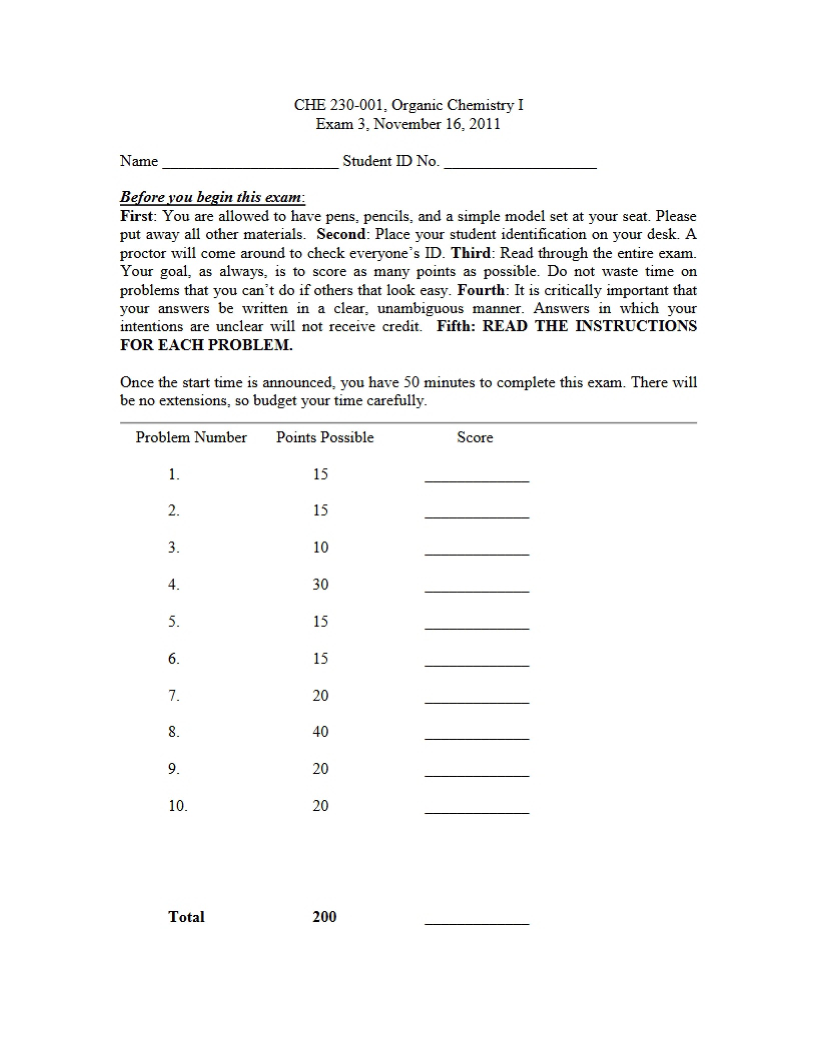 Third Exam for CHE 230
