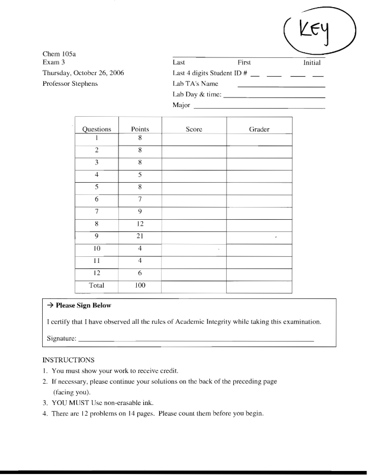 Key Exam 3 (105a F06)