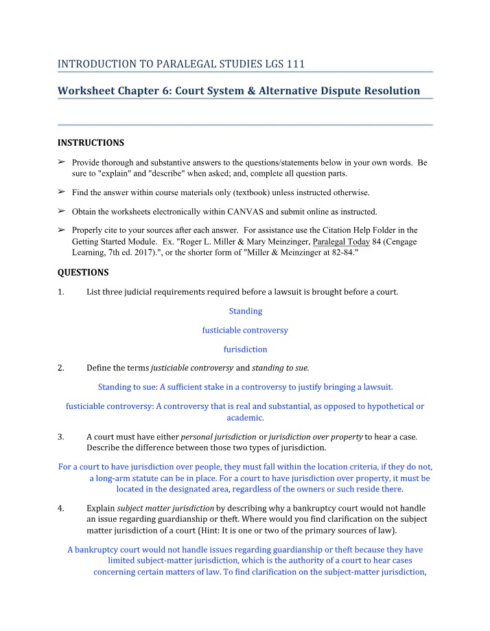 Chapter 6 Worksheet - Court System & Alternative Dispute Resolution