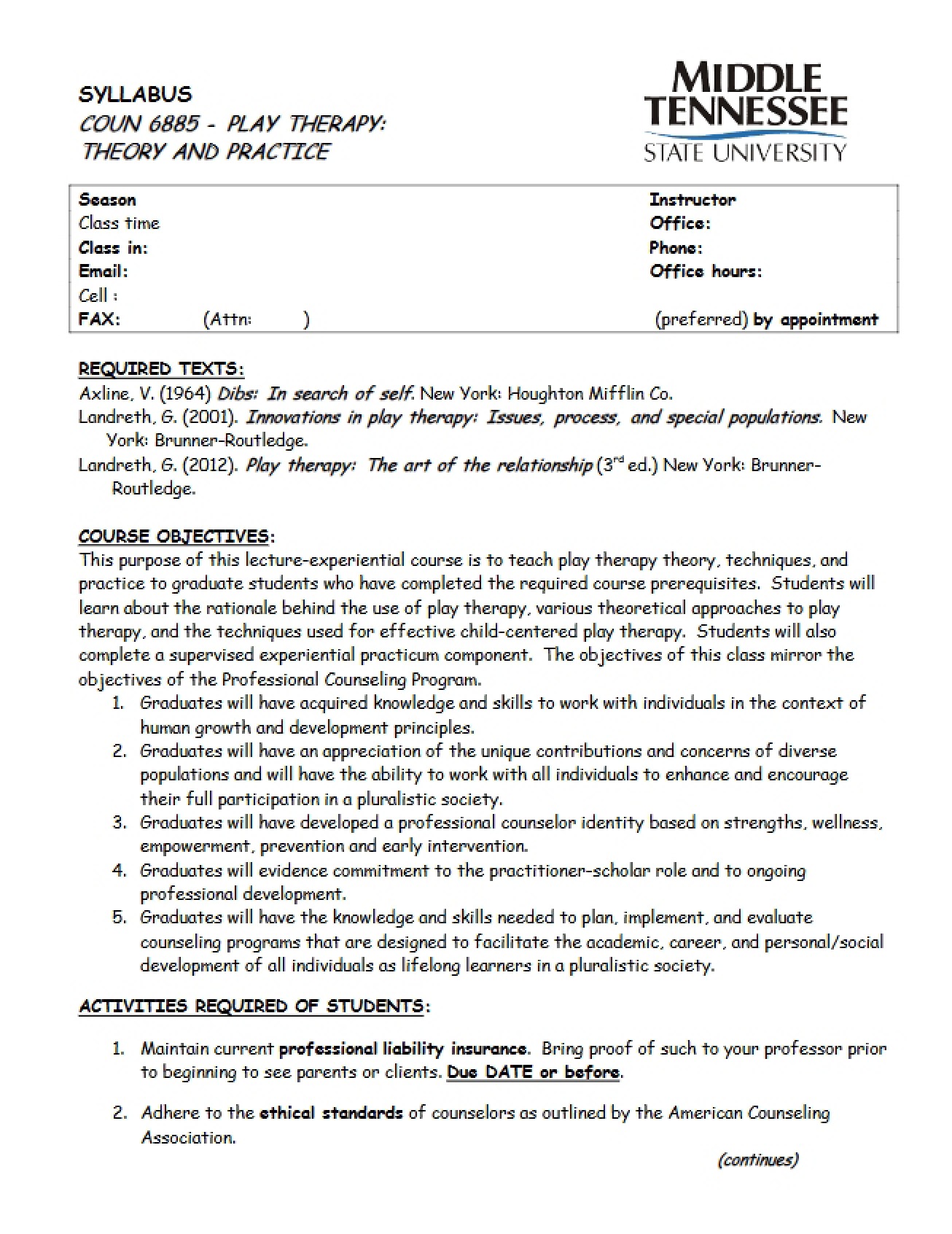 Play Therapy Syllabus