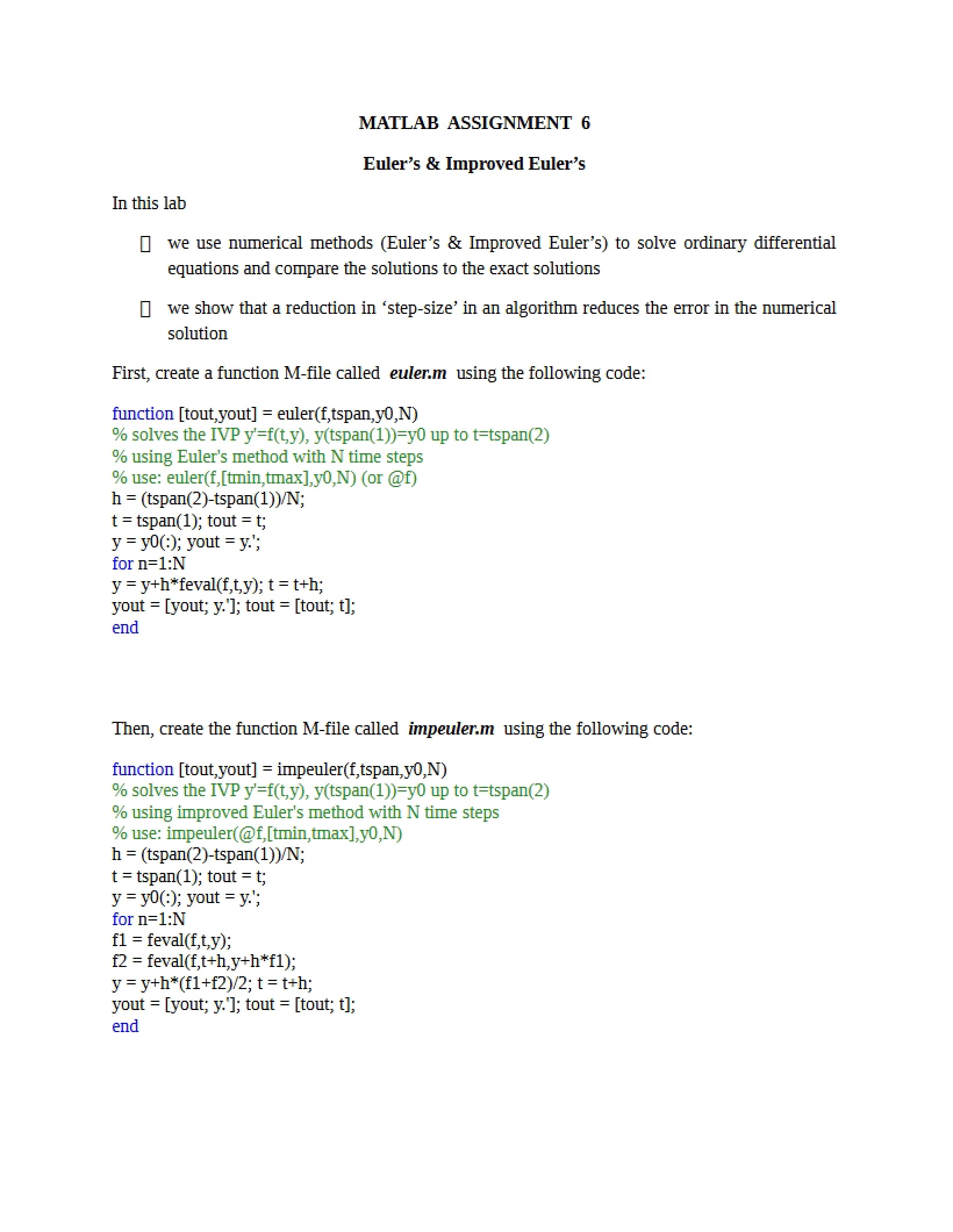 Sixth MATLAB Assignment
