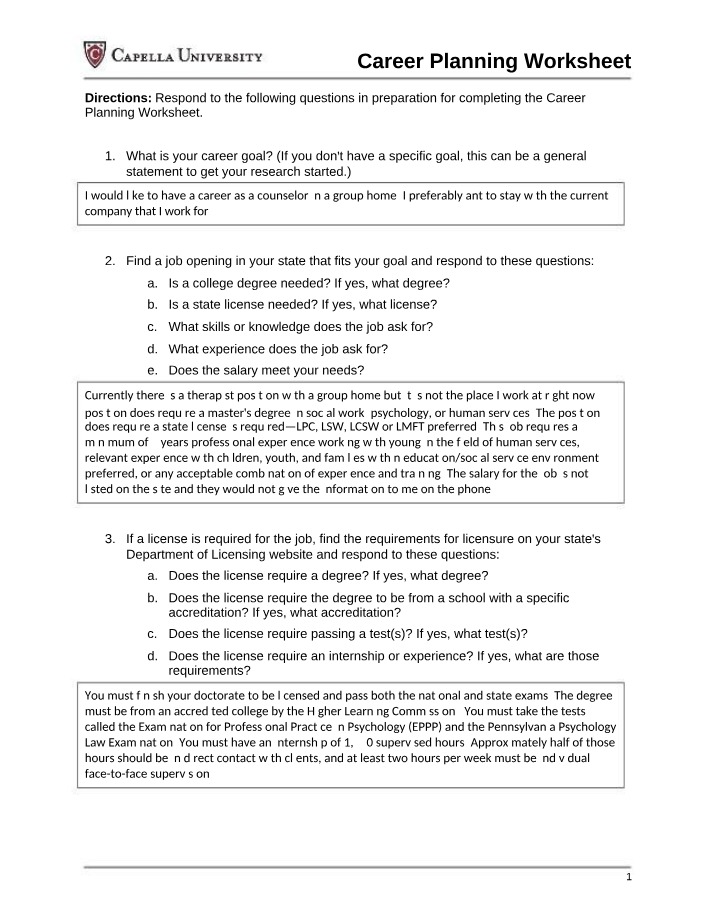 Worksheet for Career Planning
