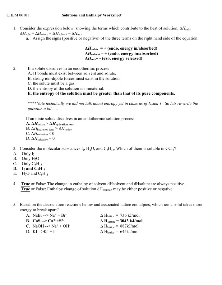 Worksheet on Enthalpy and Solutions