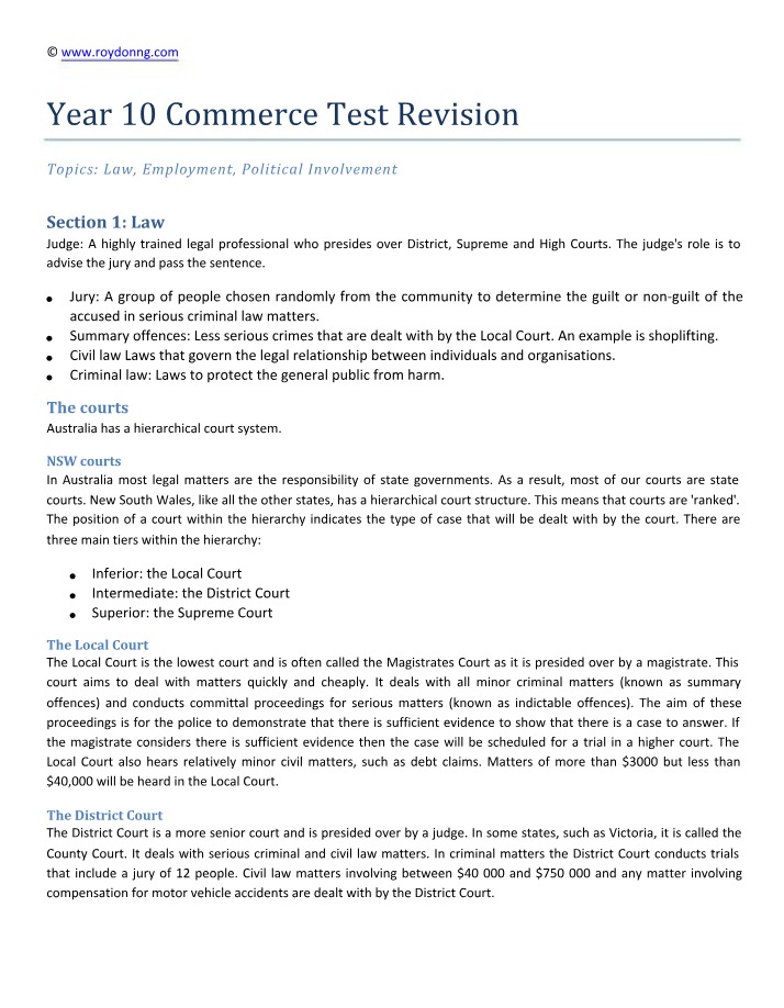 Commerce Test Revision for Year 10