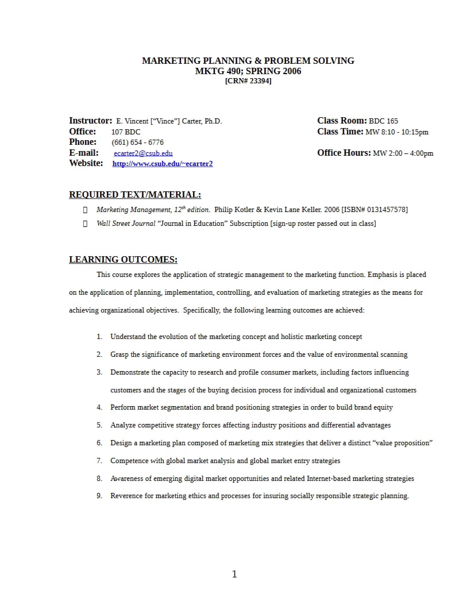 Spring 2006 Marketing Management Syllabus
