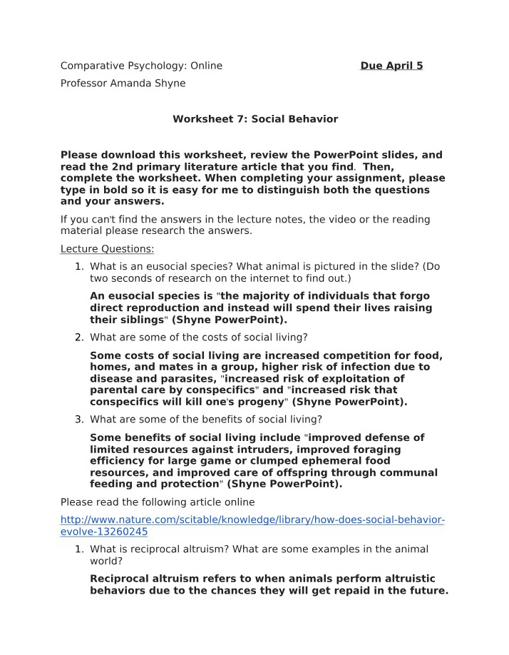 Social Behavior Worksheet 7