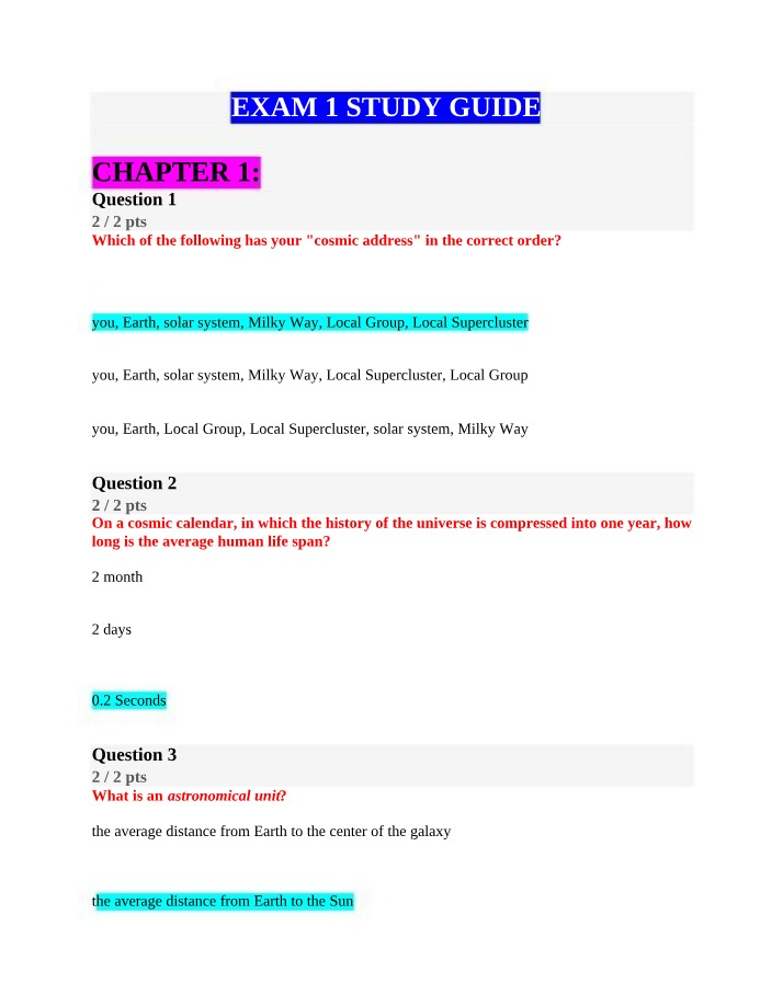 Our Cosmic Address Study Guide for Exam 1