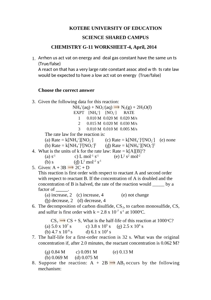 Chemistry G-11 Worksheet - Rate Laws and Activation Energy