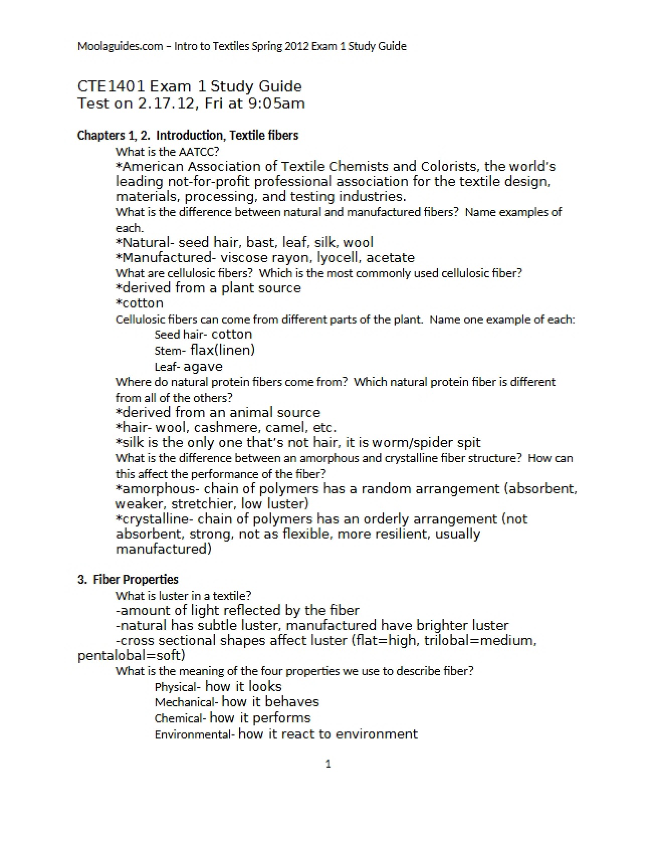 First Exam Study Guide for Textile Science