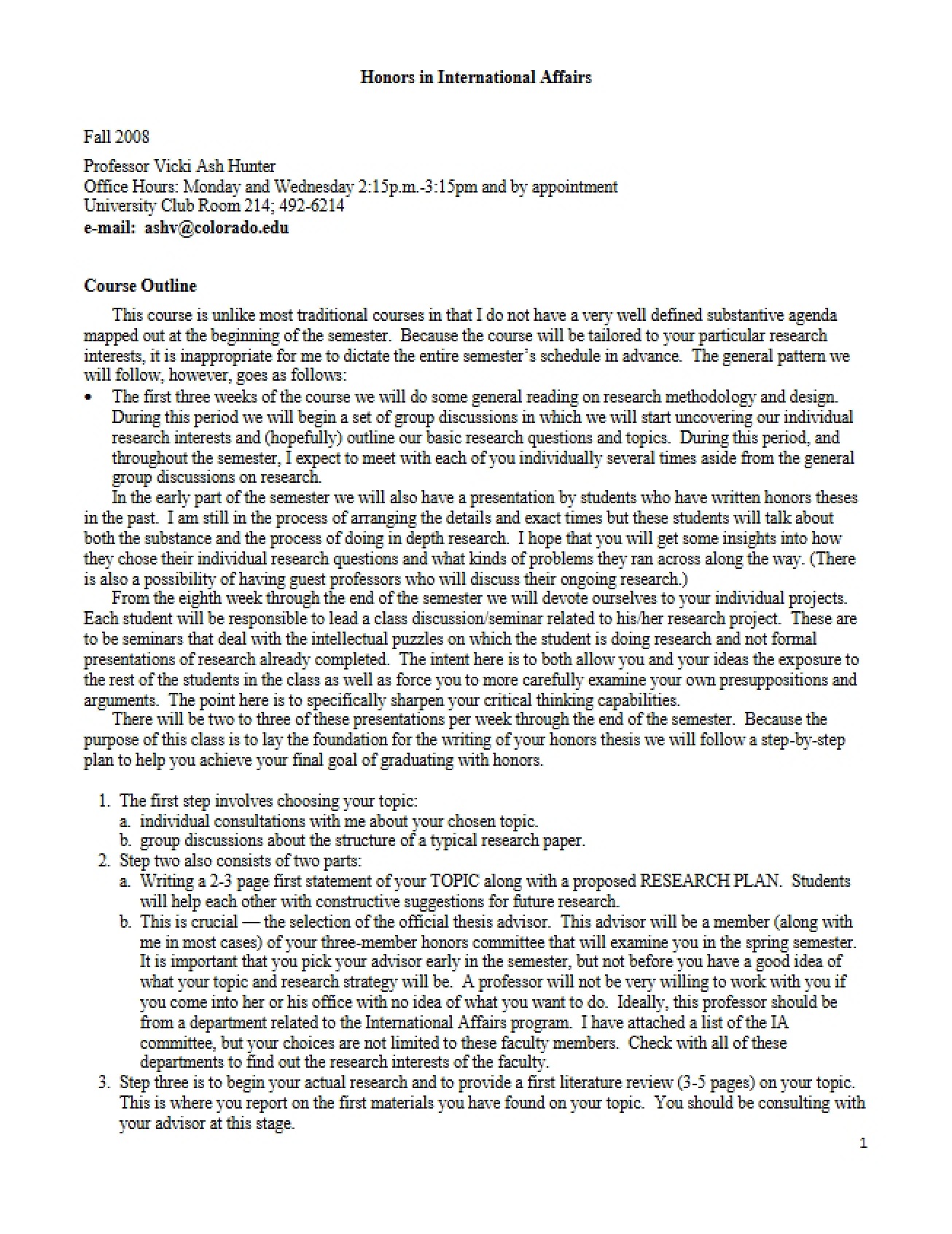 Syllabus for Honors Seminar in International Affairs