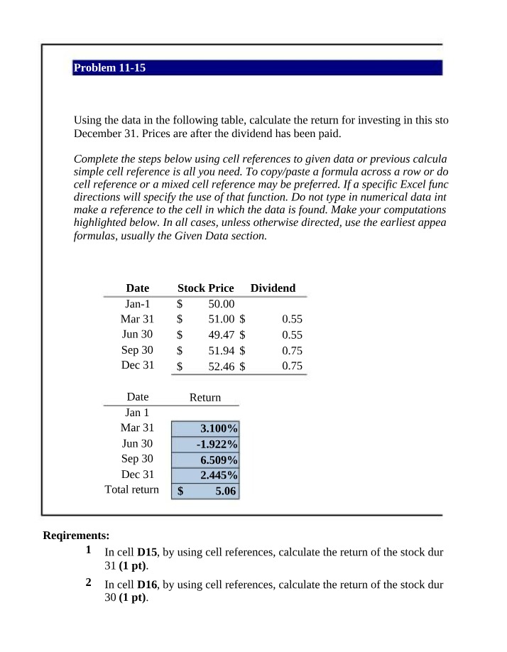 Stock Investment Return Calculation Problem 11-15