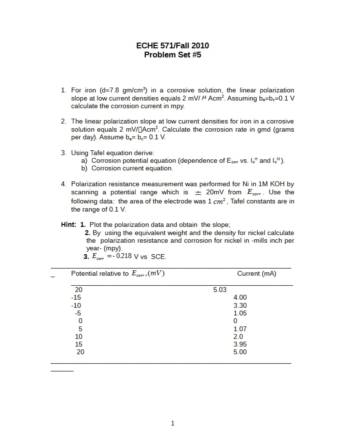 Problem Set Five for ECHE 571