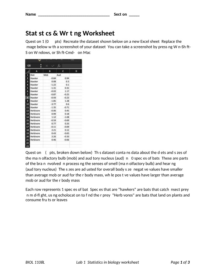 Worksheet for Statistics and Writing