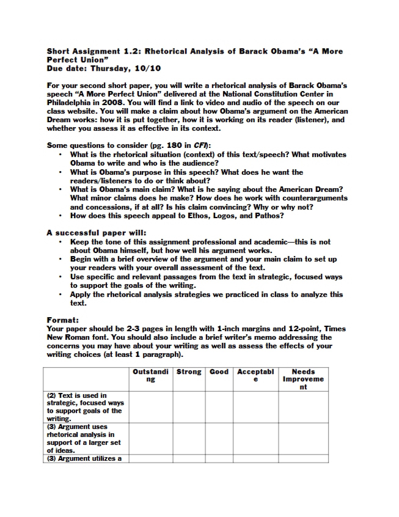 Rubric for Short Assignment 1.2