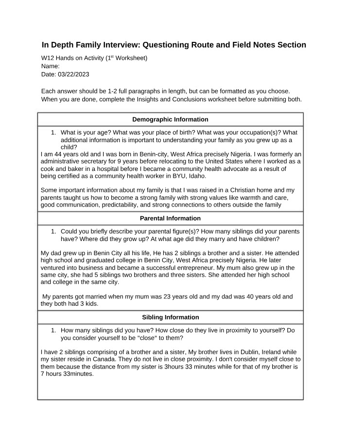 In-Depth Family Interview - Field Notes and Questioning Route