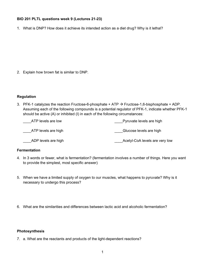 Week 9 PLTL Questions - BIO 201