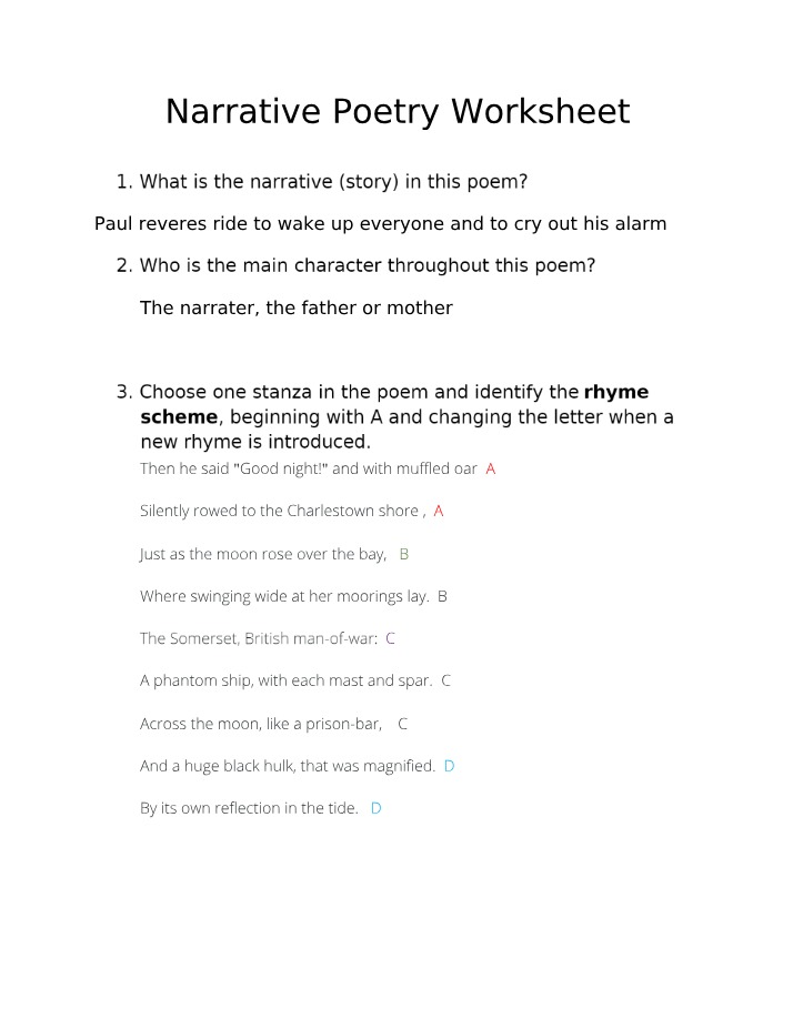 Worksheet on Narrative Poetry