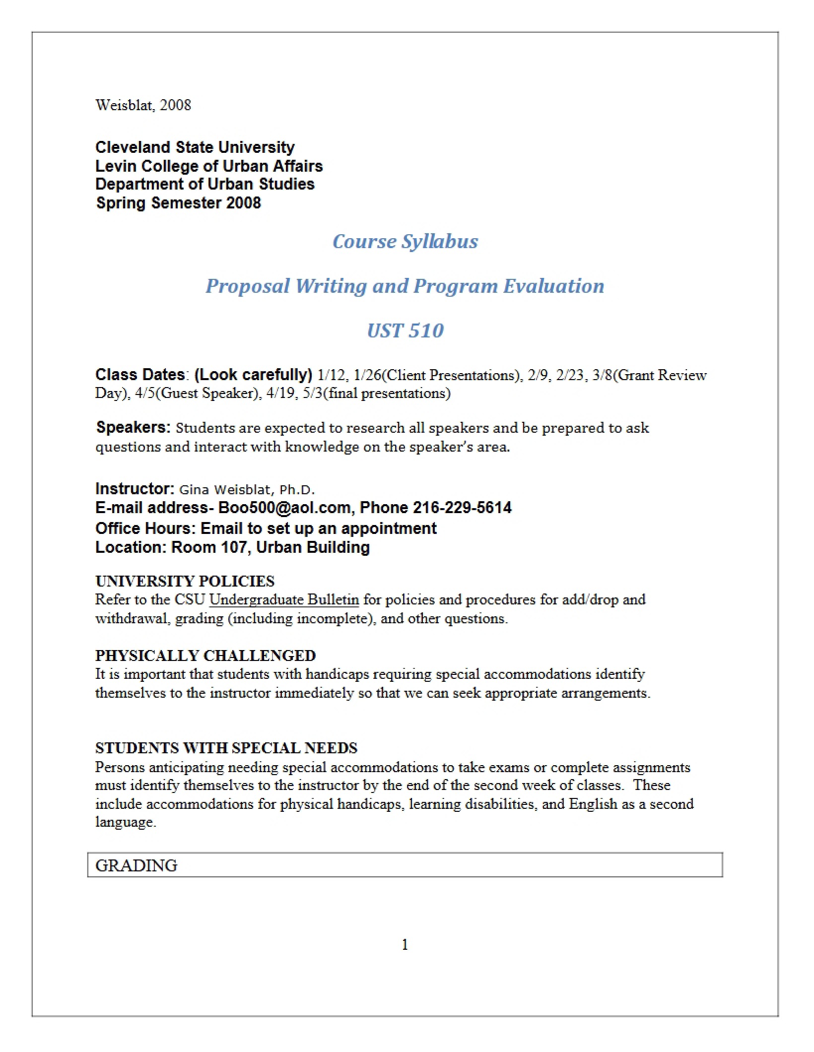 Proposal Writing Class Outline